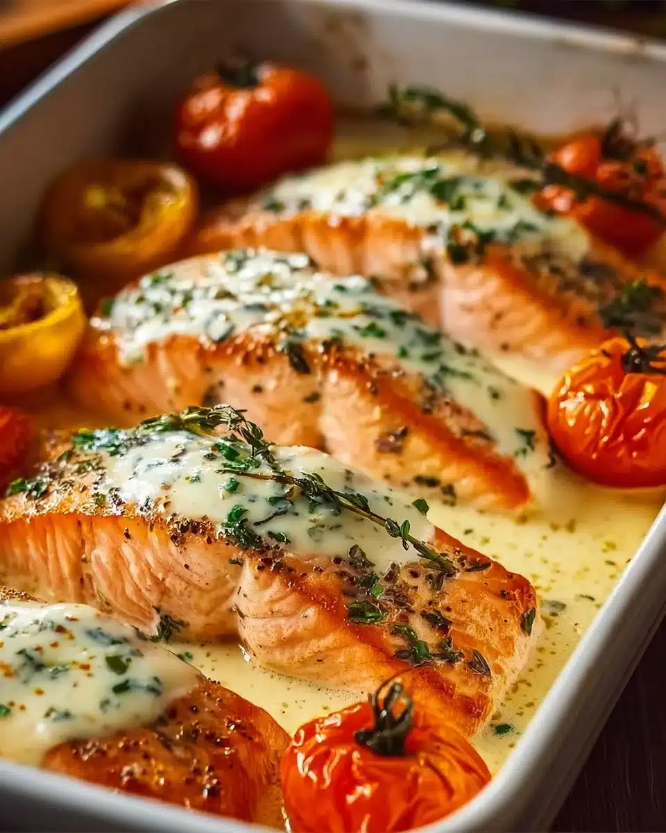 Baked Boursin Salmon topped with herbs and served on a plate