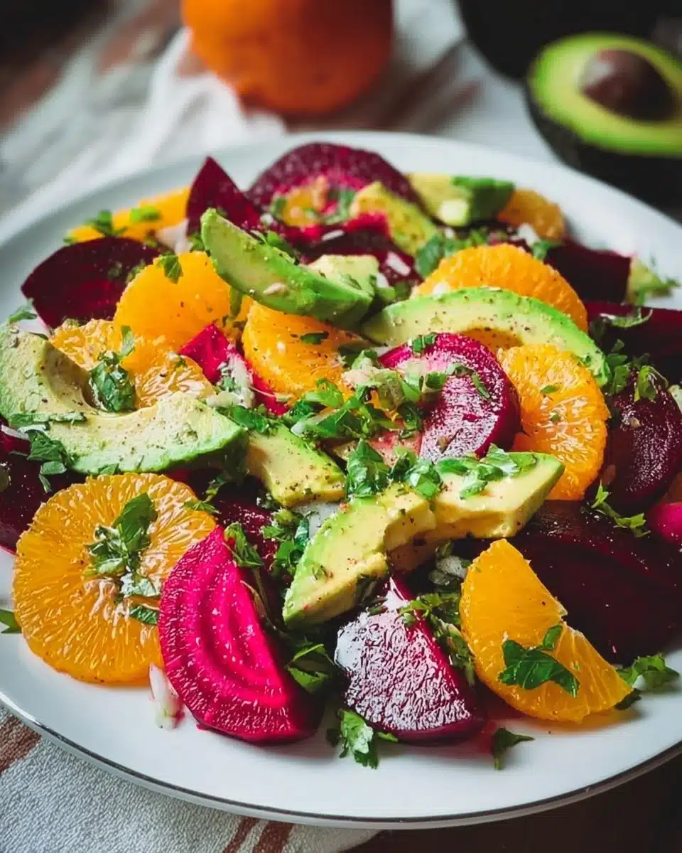 Vibrant Beet Orange Salad with Avocado served in a bowl
