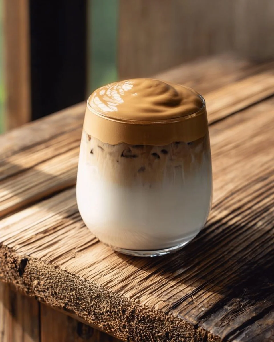 Glass of Brown Sugar Dalgona Milk Tea with creamy foam on top