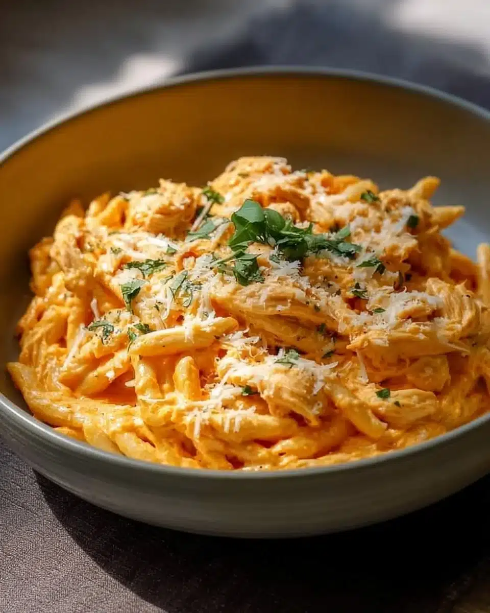 Buffalo Chicken Alfredo pasta topped with a creamy cheese sauce and spicy chicken.