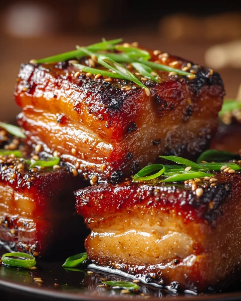 Caramelized honey glazed pork belly served on a plate with garnish