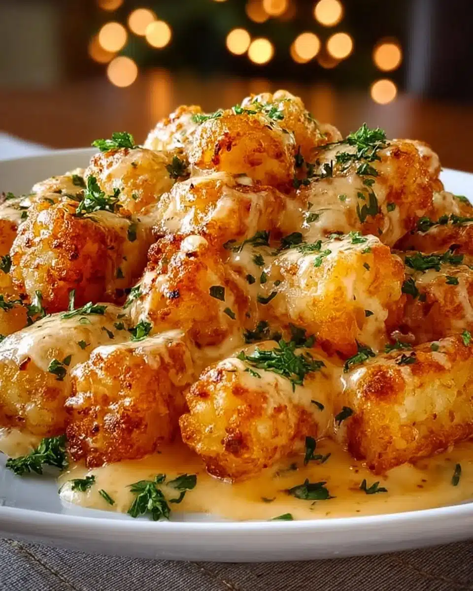 Cheddar Ranch Chicken Tater Tot Bake with cheese and crispy toppings