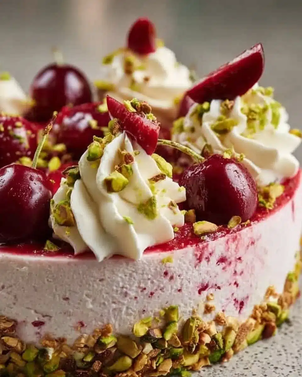 Cherry and pistachio cheesecake with creamy nutty topping