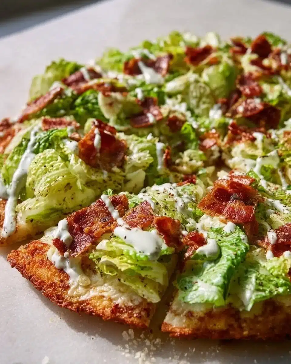 Chicken Caesar Salad Pizza topped with juicy chicken and fresh romaine lettuce