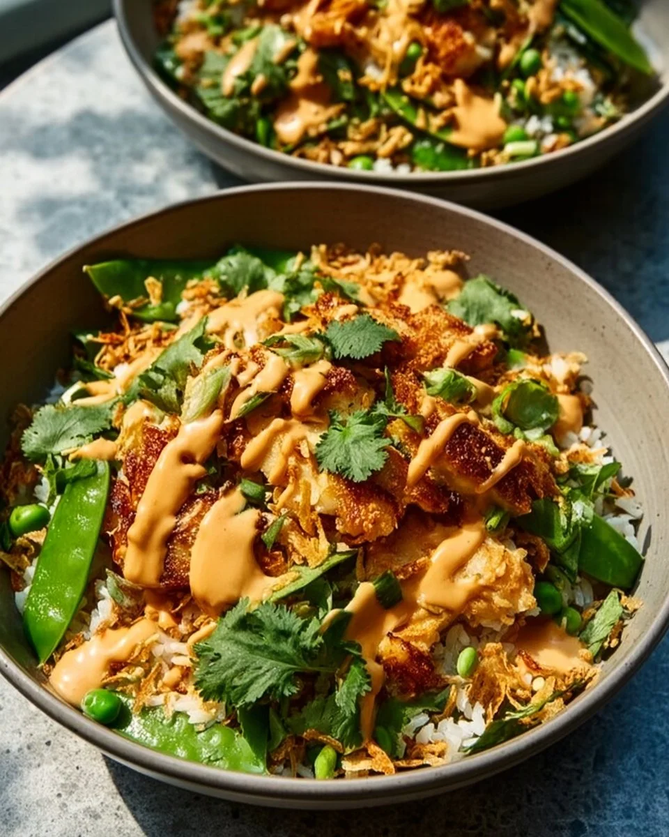 Chicken Rice Salad with crispy rice, peanut dressing, and fresh veggies