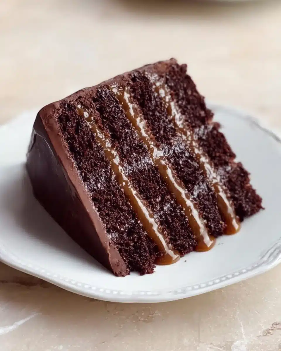 Decadent slice of chocolate fudge cake with a smooth, silky texture.