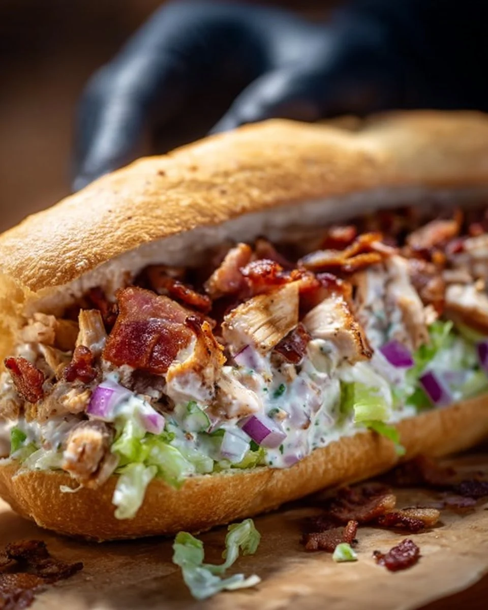 Chopped chicken bacon ranch sandwich with fresh ingredients and ranch dressing