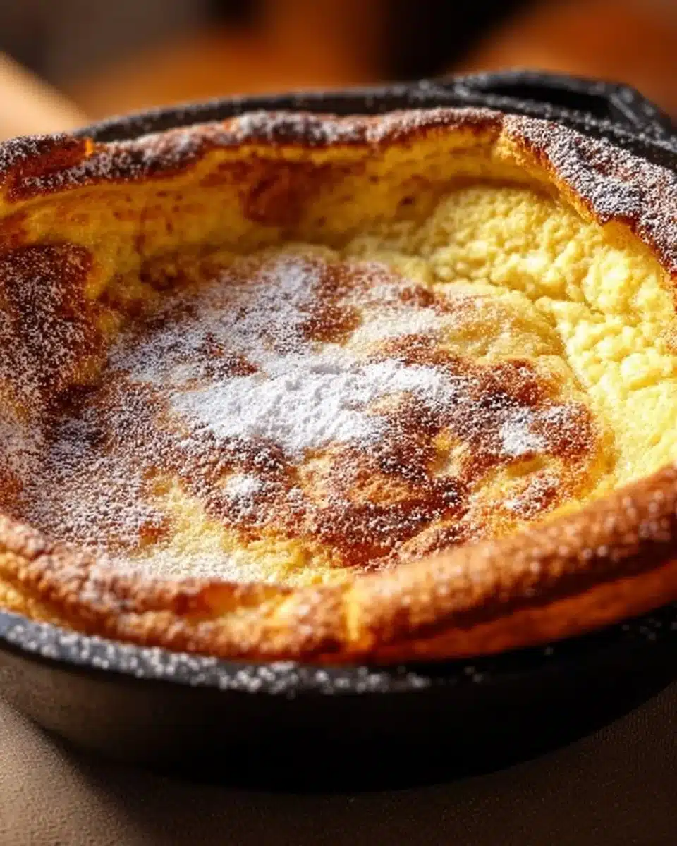 Cinnamon Sugar Dutch Baby pancake in a skillet, fluffy and golden-brown.