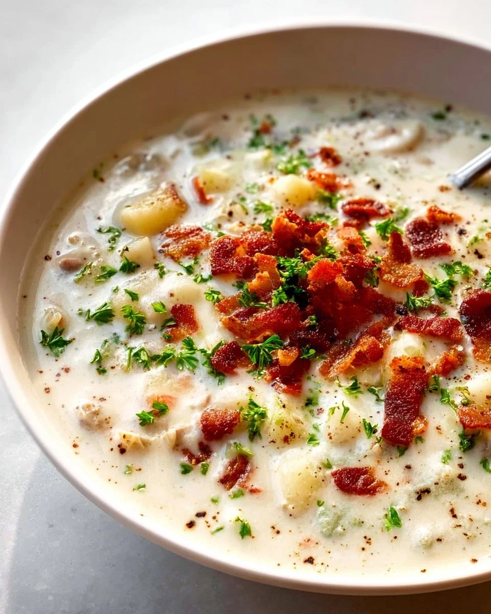 Delicious clam chowder with creamy broth and fresh clams served in a bowl