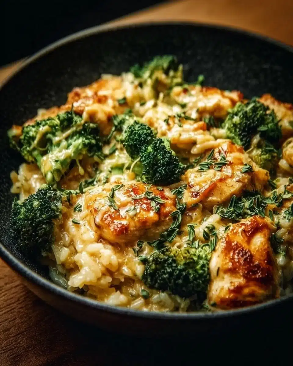 Creamy Broccoli Cheddar Chicken Rice dish served in a bowl with a side of vegetables