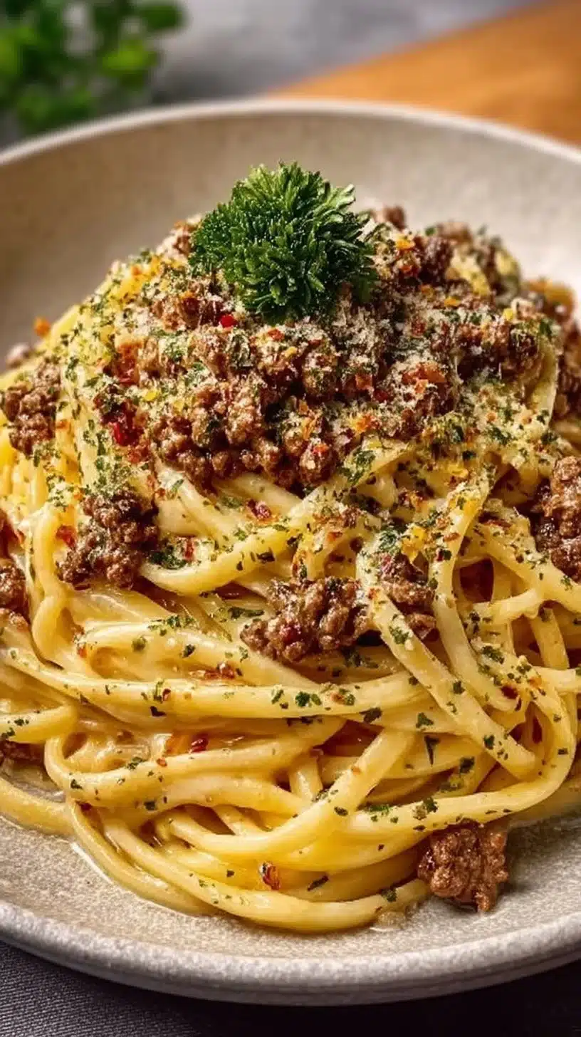 Creamy Parmesan Beef Linguine with Garlic Butter Sauce