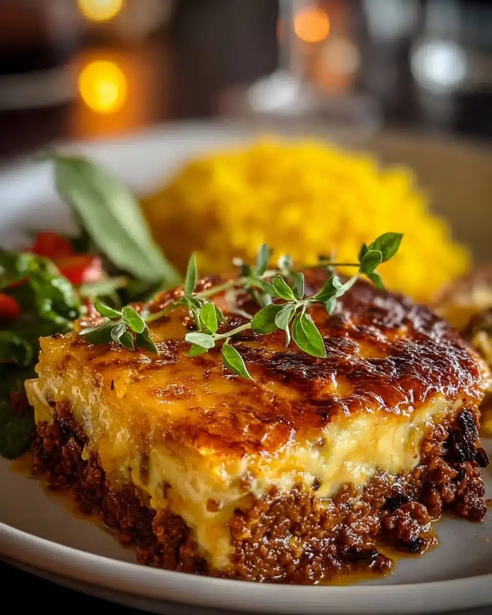 Creamy South African bobotie dish served in a bowl topped with egg custard.