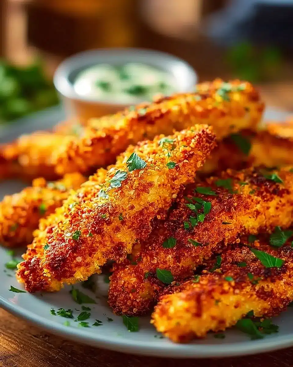 Crispy baked chicken tenders served with dipping sauce