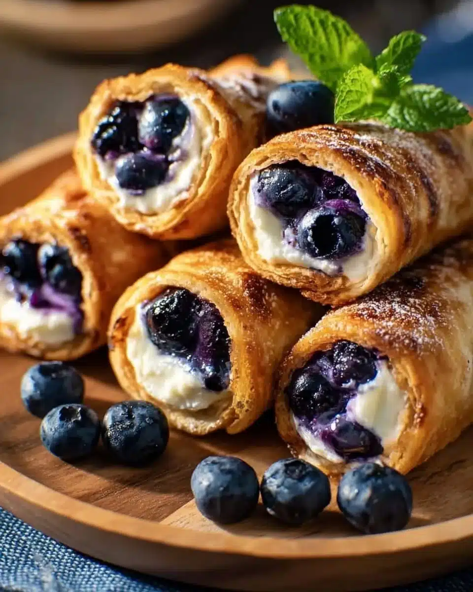 Crispy keto blueberry cream cheese roll-ups on a plate