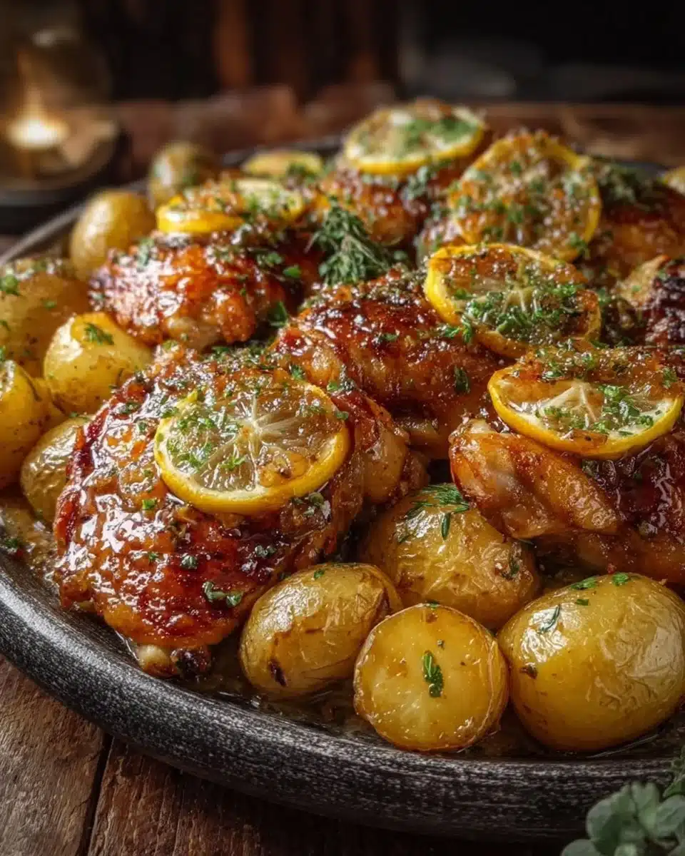 Crispy lemon herb chicken with baby potatoes in a one-pan recipe