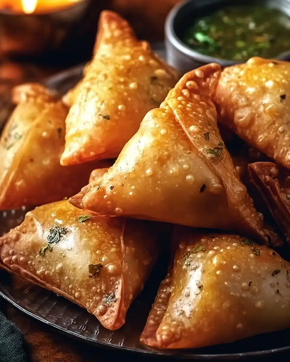 Homemade potato samosas served on a plate with chutney.