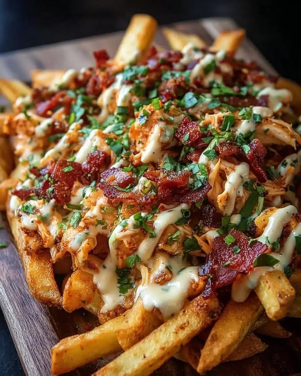 Dirty chicken and bacon loaded fries topped with cheese and sauce for game day.