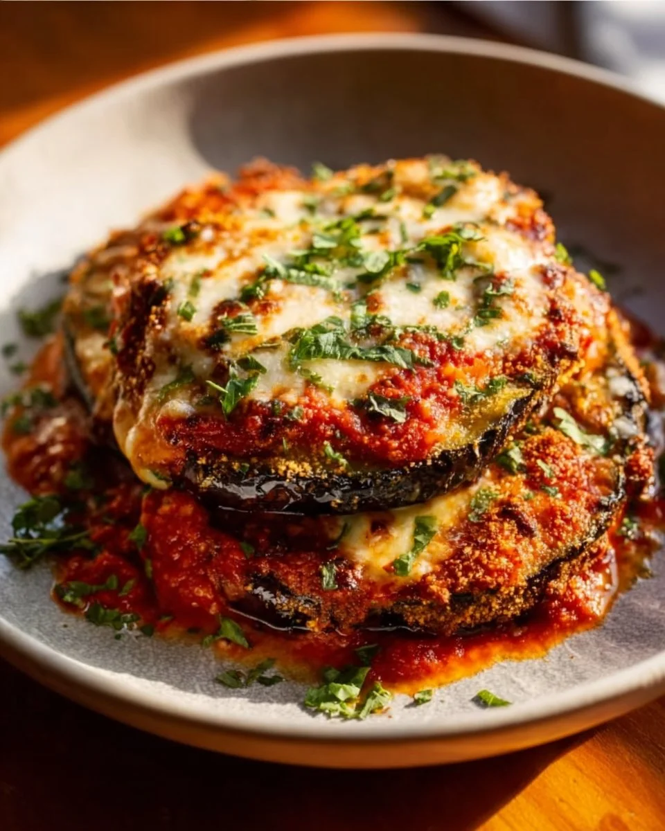 Easy baked eggplant parmesan with crispy layers and melted cheese on a plate.