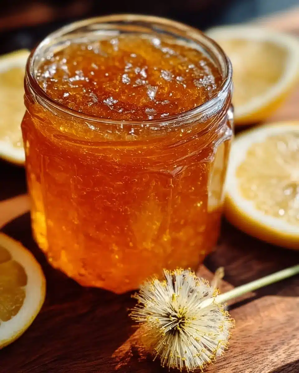 Homemade dandelion jelly with lemon and vanilla bean, perfect for gifts