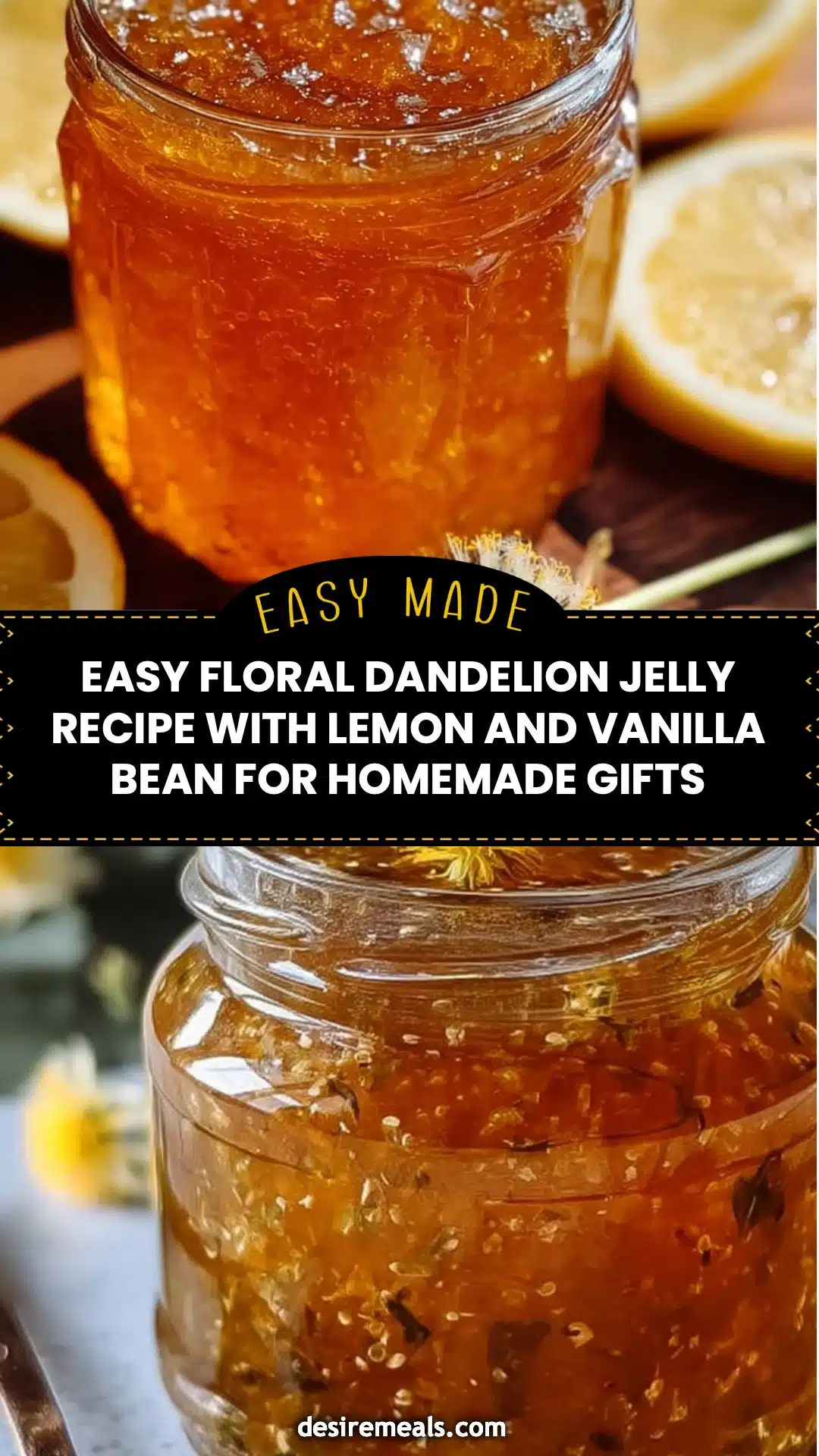 Easy Floral Dandelion Jelly Recipe with Lemon and Vanilla Bean for Homemade Gifts