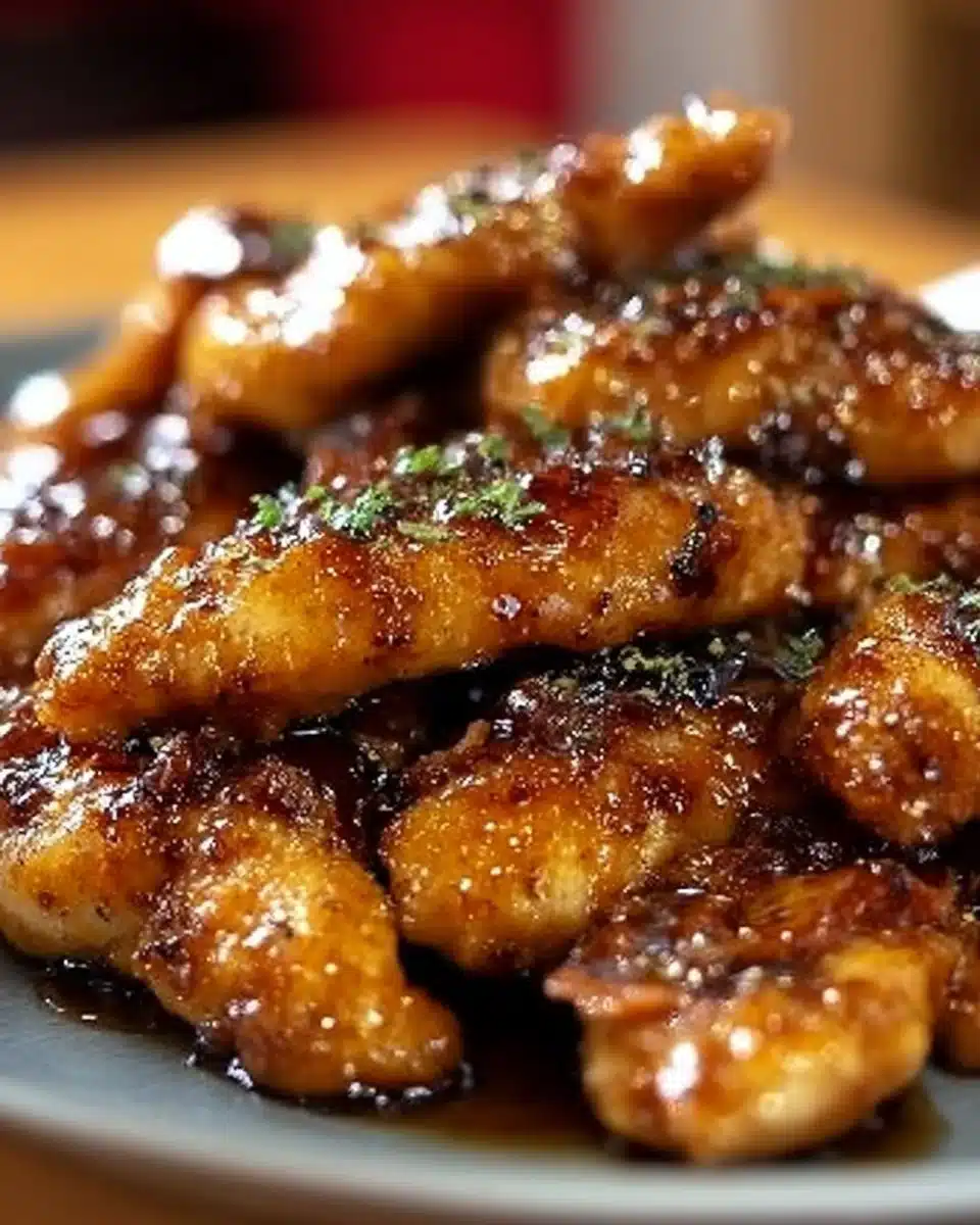 Delicious bacon brown sugar chicken tenders on a plate, garnished with herbs