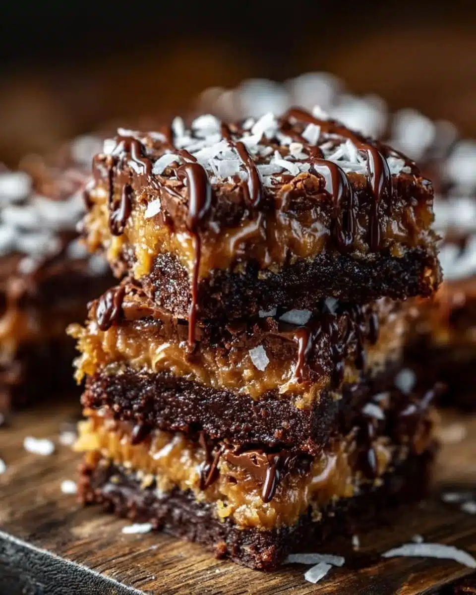 Easy Samoa brownies with sticky caramel swirls on top