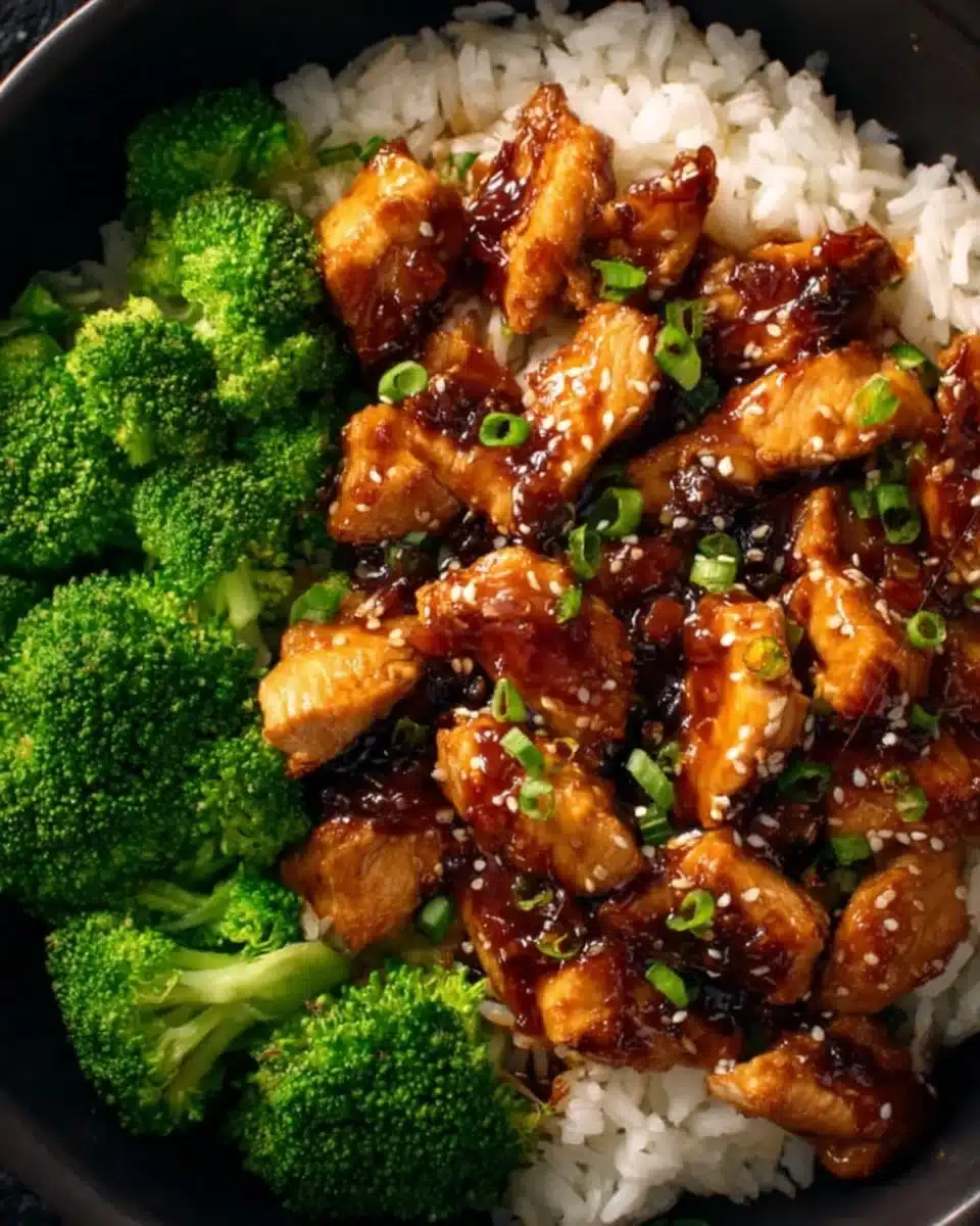 Plate of easy teriyaki chicken served with rice and vegetables