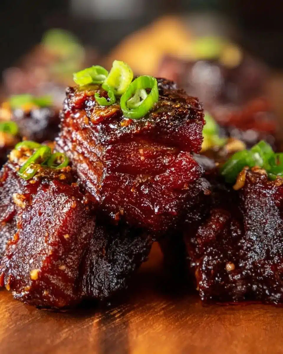 Delicious smoked brisket burnt ends with sweet tangy BBQ glaze ready to serve.