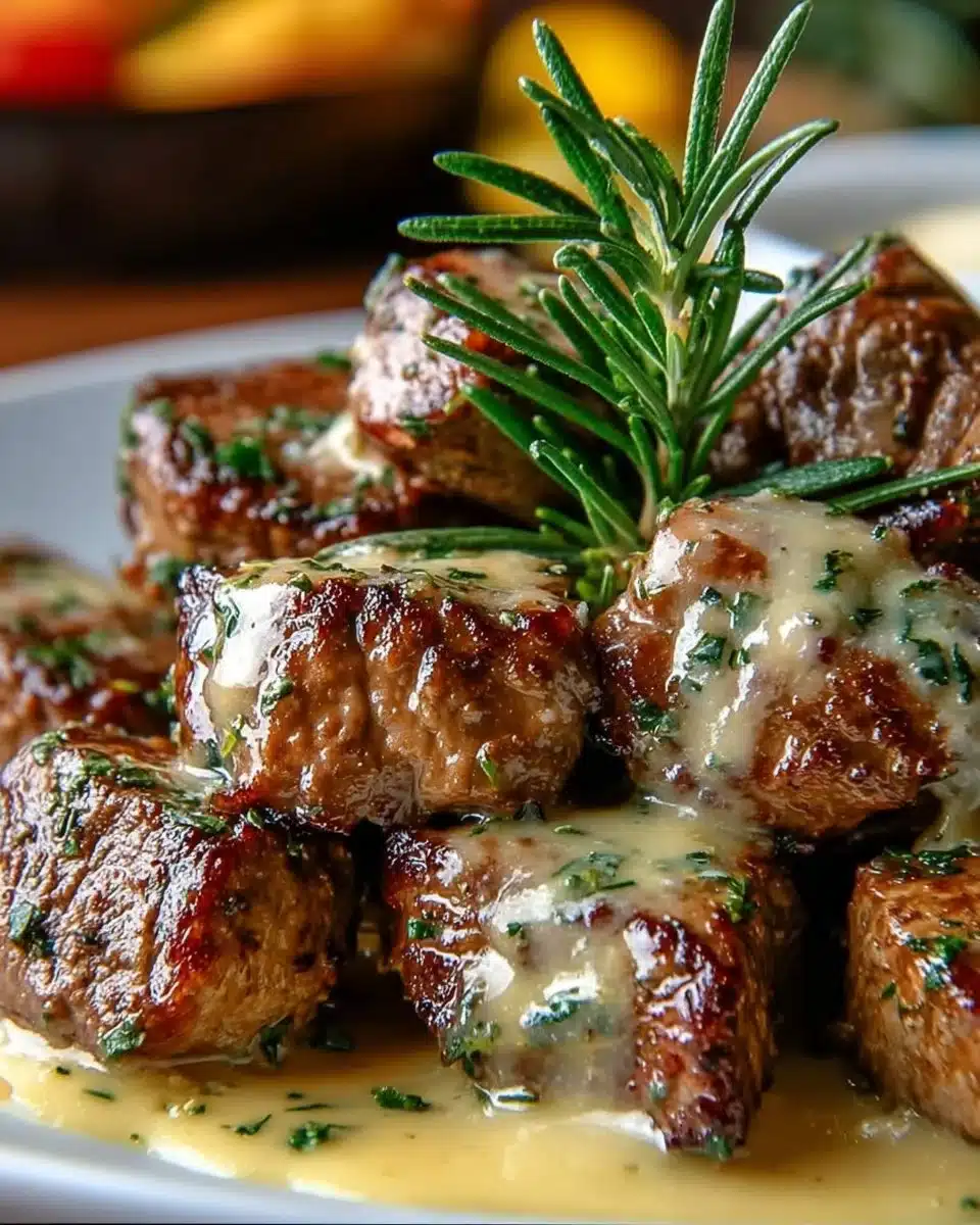 Delicious garlic butter steak bites served with creamy parmesan sauce