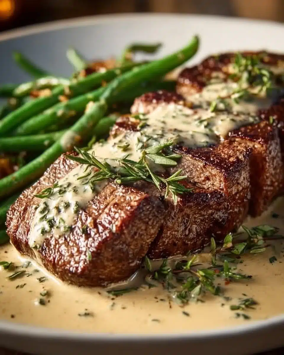 Garlic Butter Steak topped with creamy Parmesan sauce on a plate