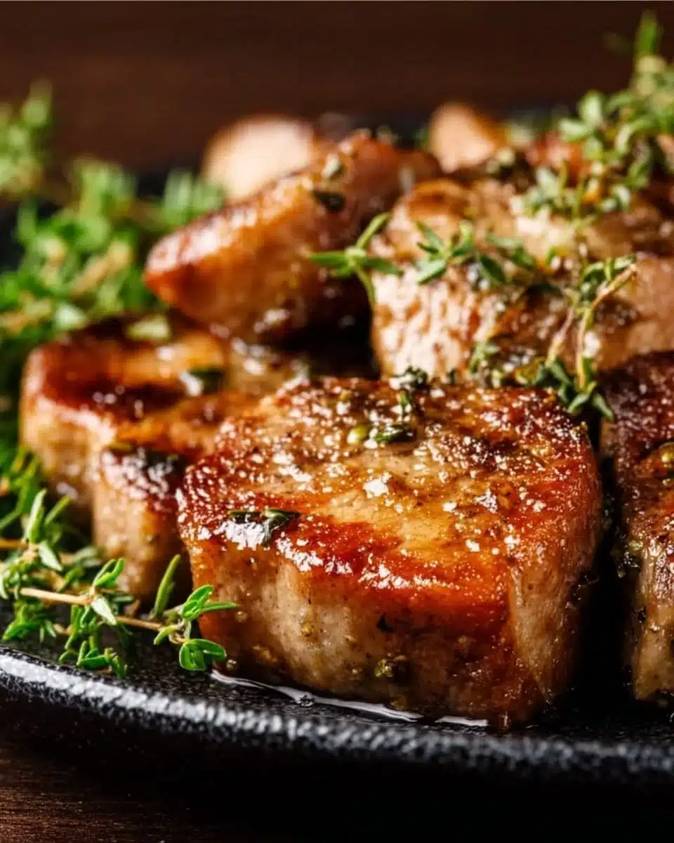 Gordon Ramsay's juicy pan-seared pork chop served on a plate with herbs