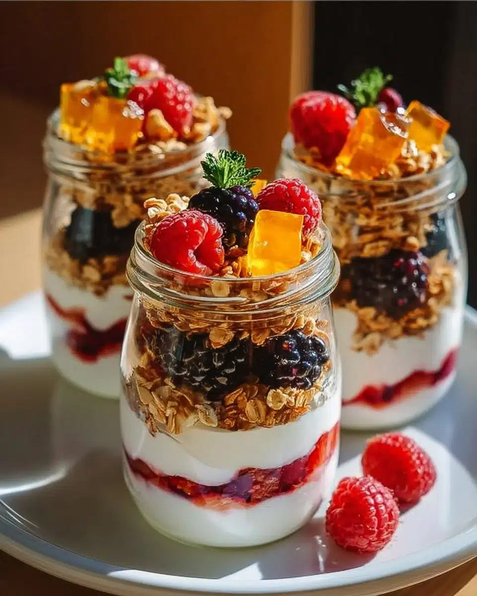 Delicious Greek Yogurt Parfait layered with creamy yogurt and crunchy toppings