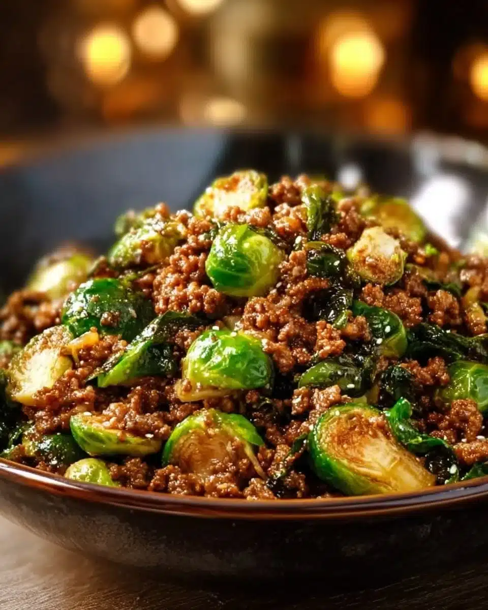 Ground beef and Brussels sprouts dish, hearty and flavorful meal option.