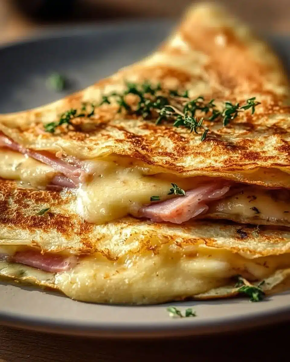 Savory ham cheese French crêpes served on a plate, melting with cheese