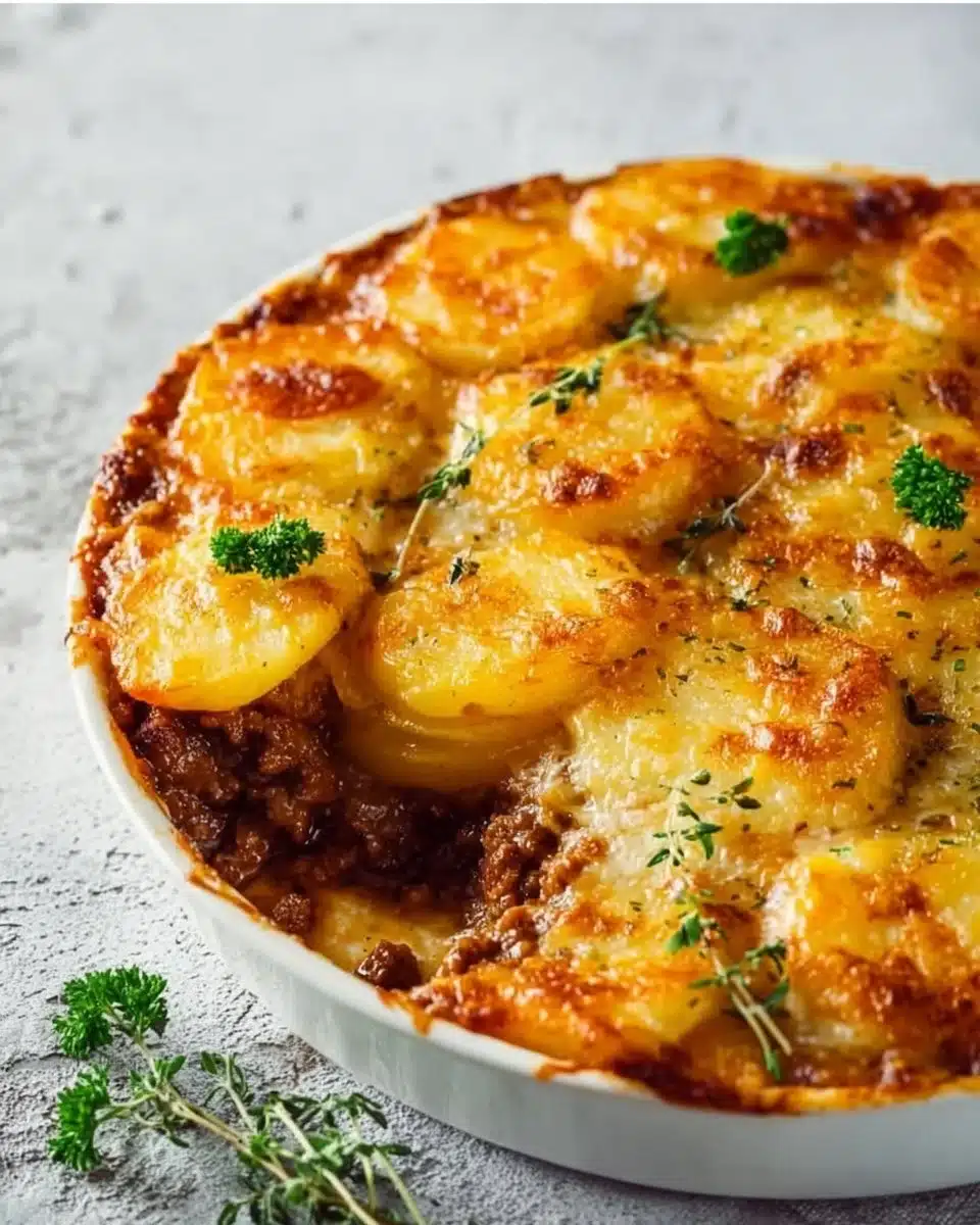 Hearty Hamburger Potato Casserole with layers of ground beef and potatoes