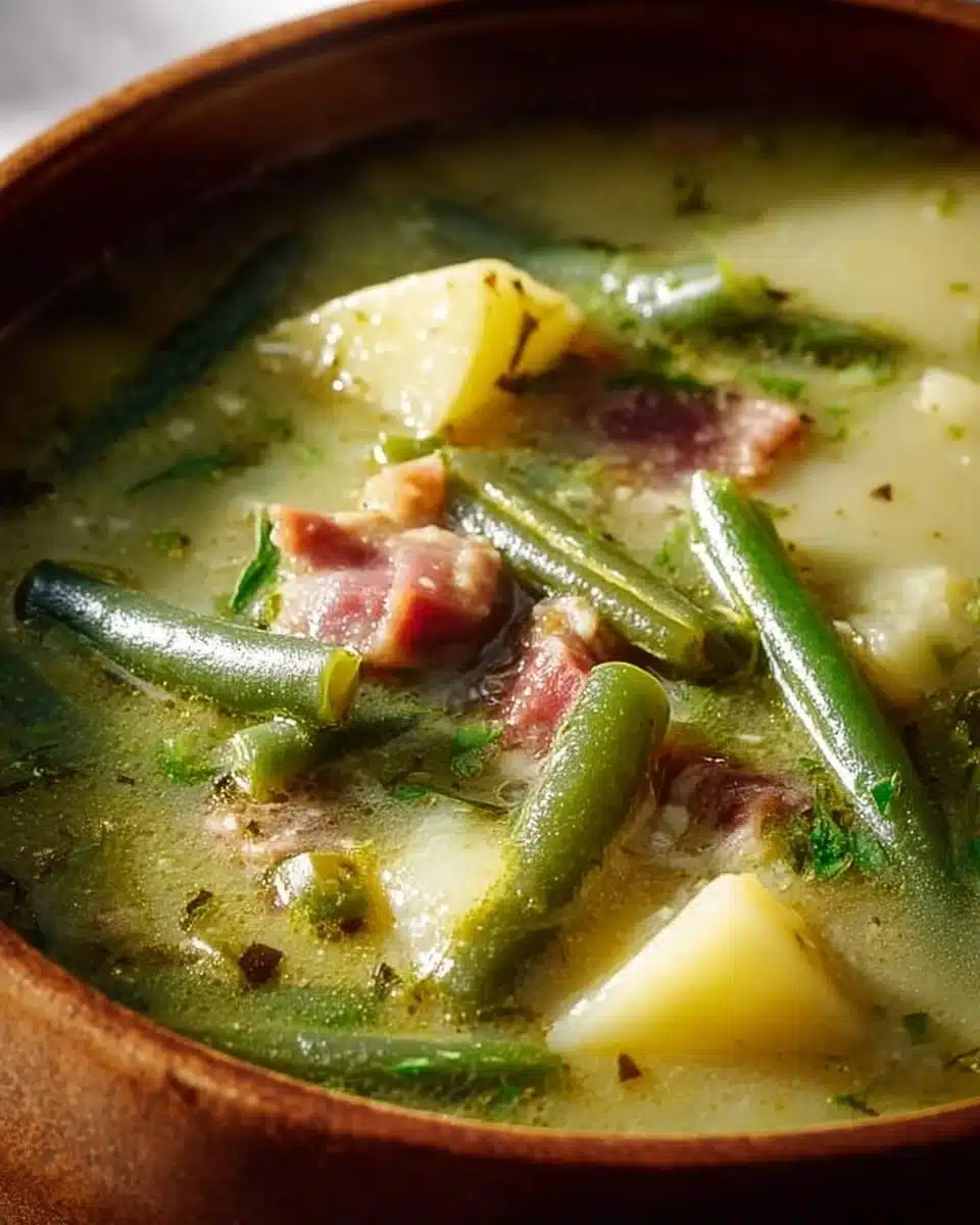 Bowl of hearty German green bean soup, garnished with herbs and served with bread.