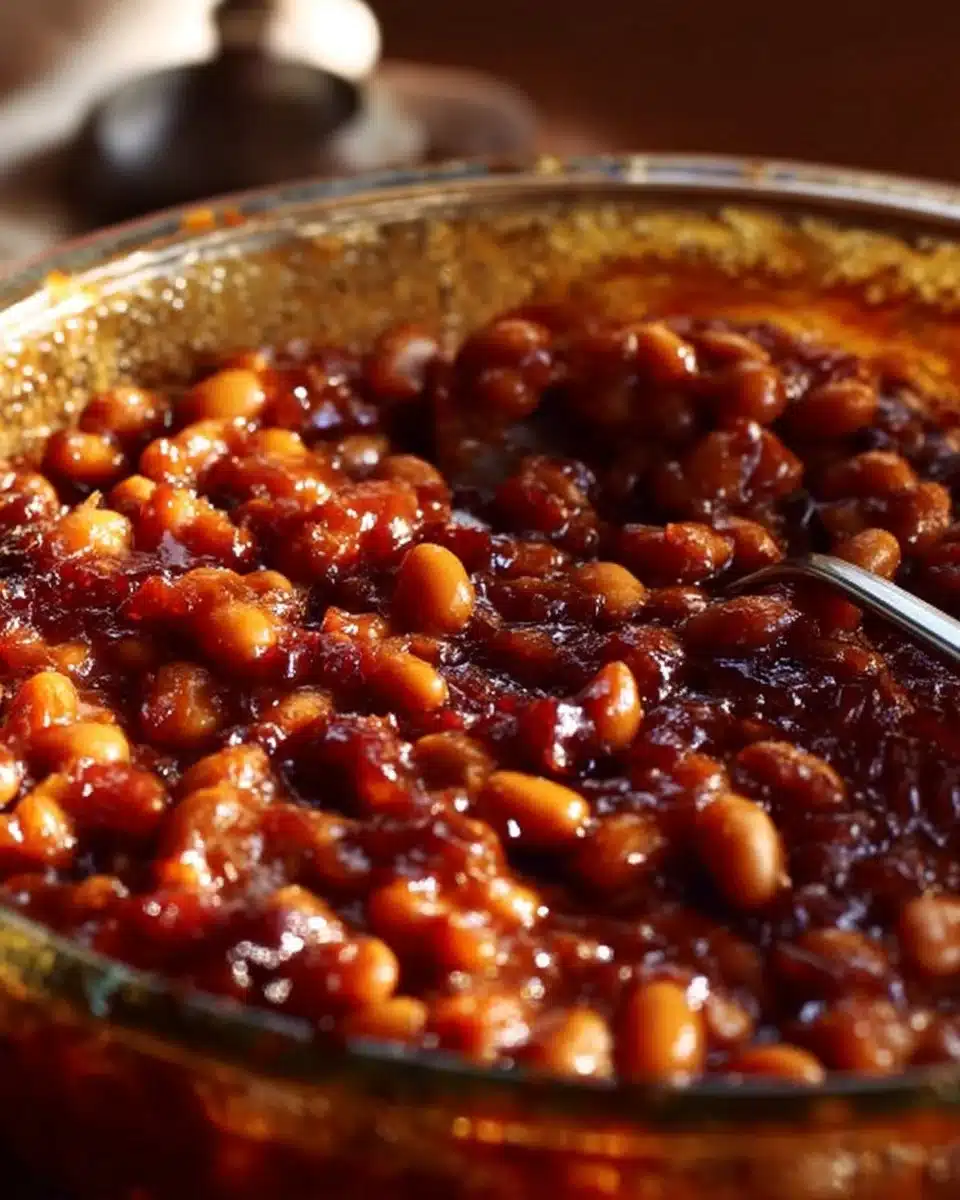 Delicious bowl of honey baked beans, slow baked for rich sweet and savory flavor.