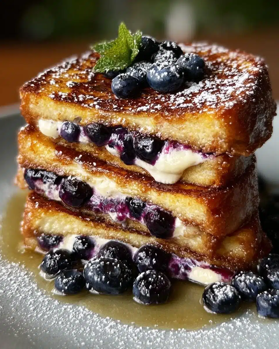 Blueberry cheesecake stuffed French toast topped with fresh blueberries and syrup.