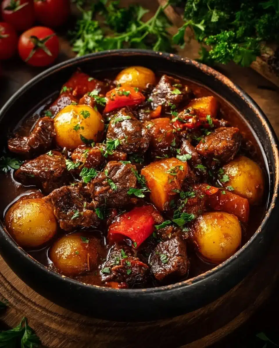 Delicious slow cooker beef bourguignon served with fresh herbs.