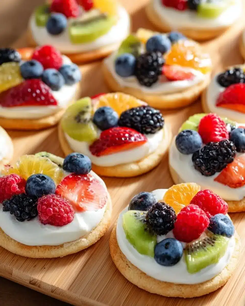 Mini fruit pizza cookies topped with fresh fruits and cream cheese frosting