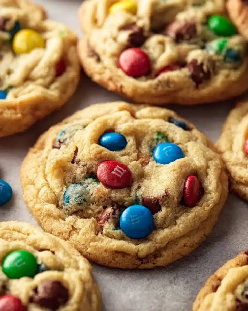 Soft and chewy M&M chocolate chip cookies on a plate