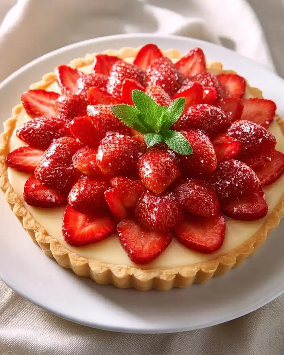 Mother's Day strawberry tart topped with fresh strawberries and cream
