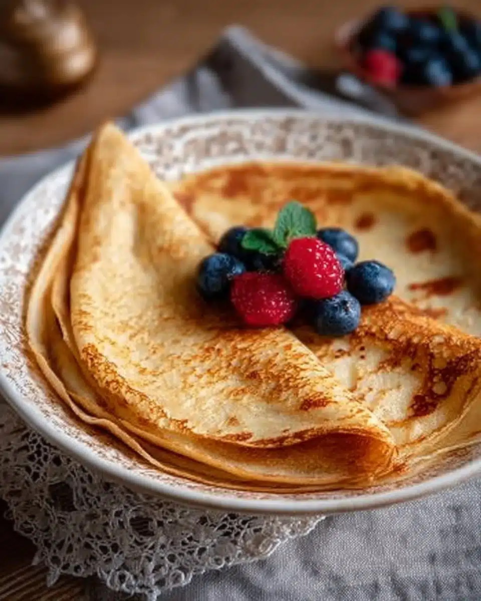 Delicious homemade oatmeal crepes served with fruit and syrup for breakfast