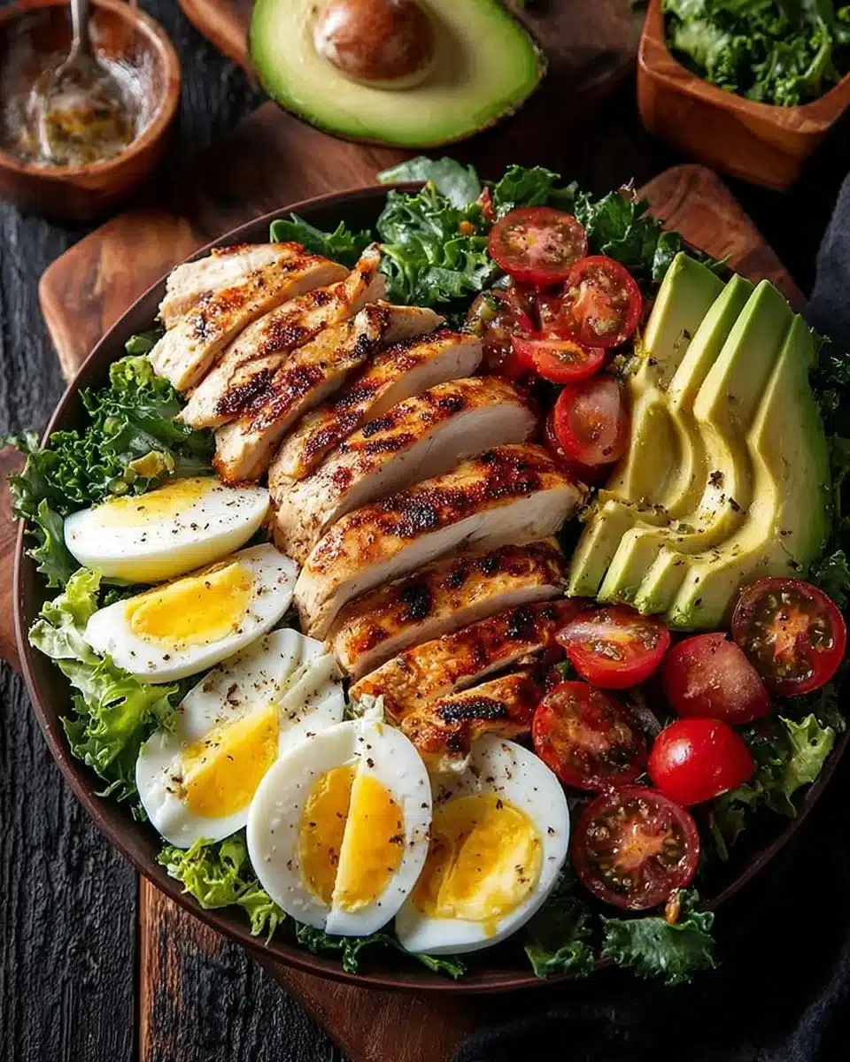 Paleo Grilled Chicken Cobb Salad with Honey Dijon Dressing on a wooden table
