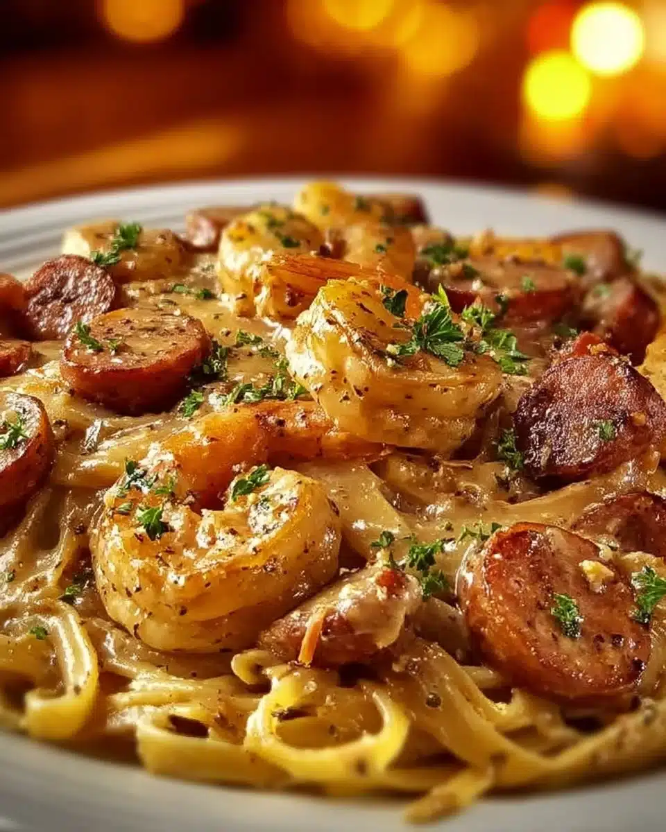 Delicious Mardi Gras Pasta served at Pappadeaux with creamy Cajun sauce