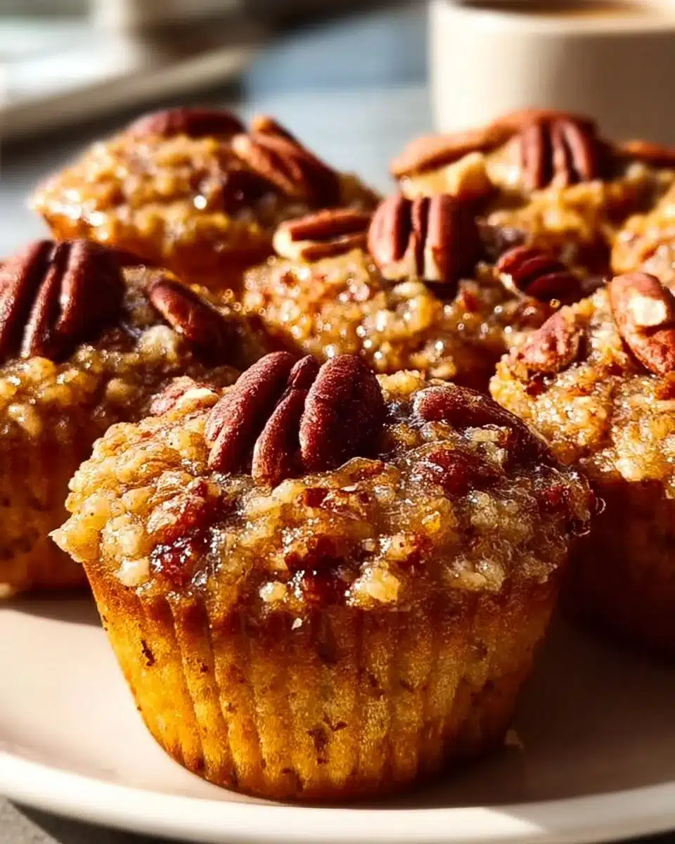 Delicious pecan pie muffins topped with toasted pecans and brown sugar