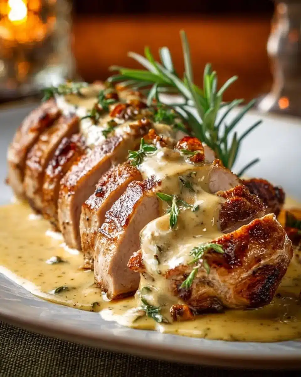 Golden seared pork tenderloin with Dijon cream sauce