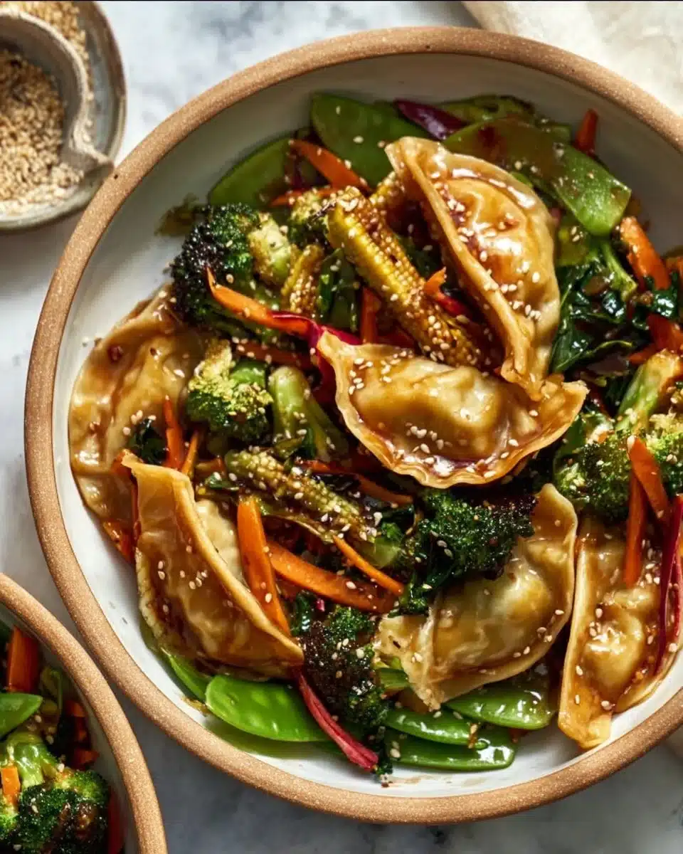 Delicious potsticker stir fry served in a bowl with colorful vegetables
