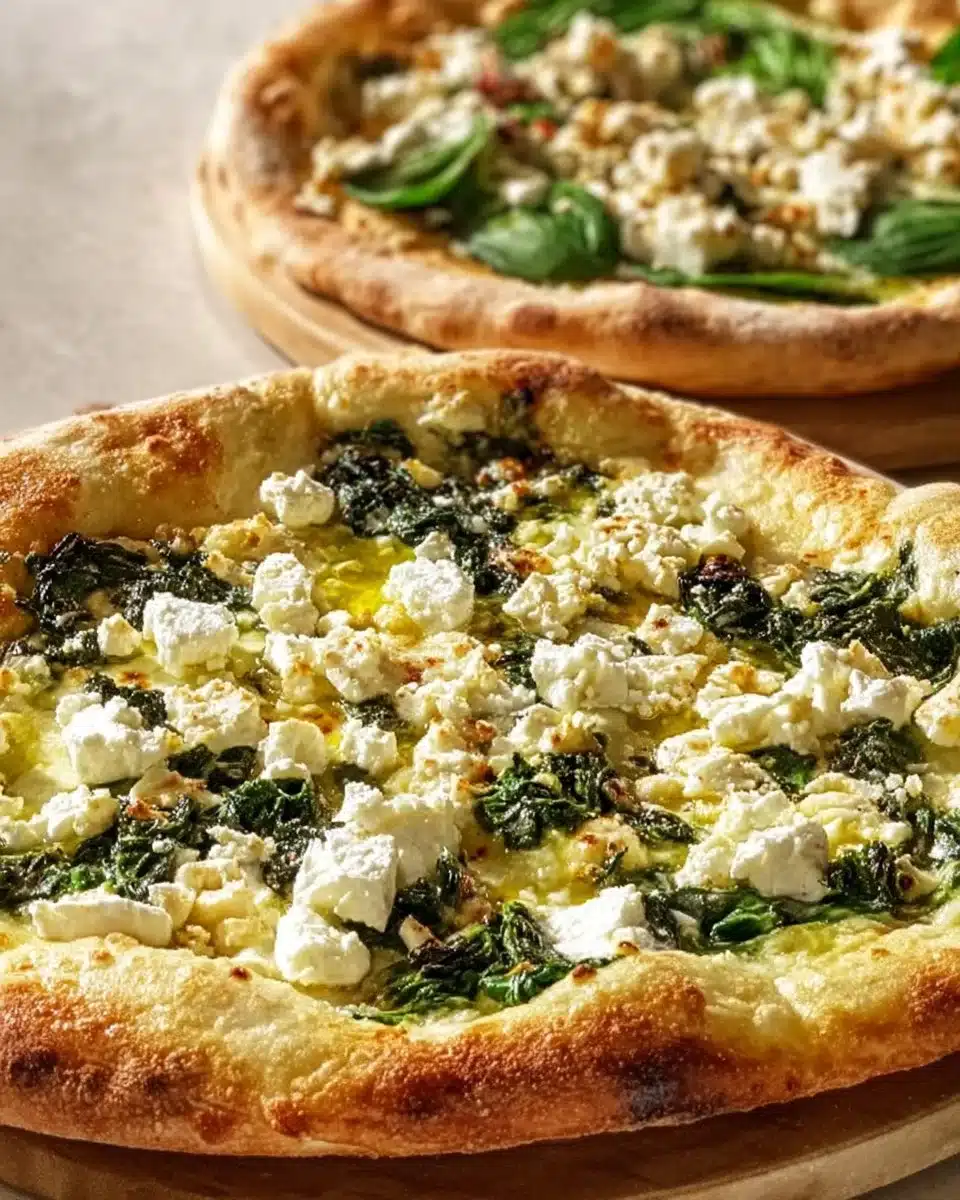 Roasted garlic spinach white pizza topped with creamy cheese and fresh spinach