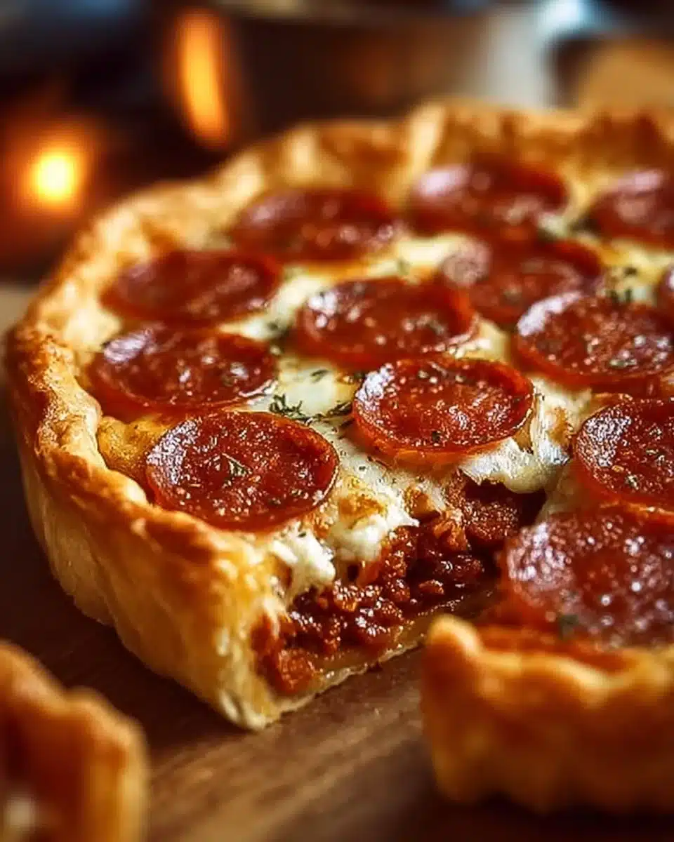 Savory hamburger pie with sausage and pepperoni topped with cheese